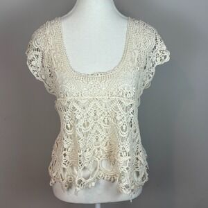 NEW Womens White Crochet Lace Baby Doll Short Sleeve Top Small Coquette Fairy